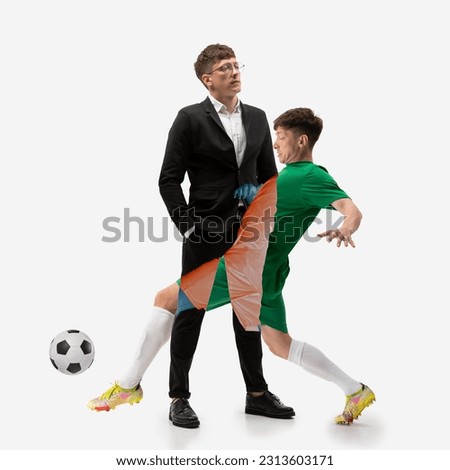 Businessman in black suit and active, concentrated football player in motion isolated over white background. Collage. Concept of sport and business, active lifestyle, motivation and hobby
