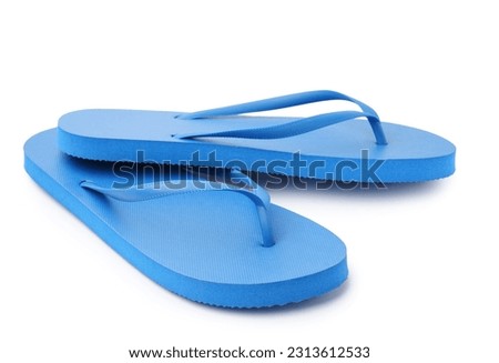 Pair of stylish blue flip-flops on white background Royalty-Free Stock Photo #2313612533