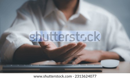 Man hand showing search bar on desk, for find information or job search with internet website, concept Technology Search Engine Optimization (SEO) and Online Marketing.