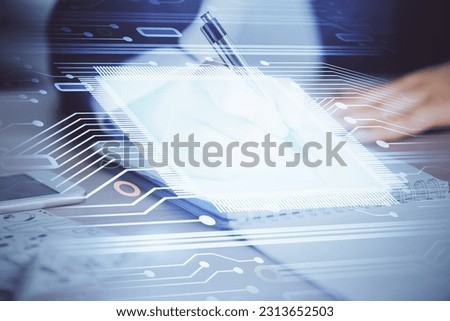 Double exposure of writing hand on background with data technology hologram. Big data concept.
