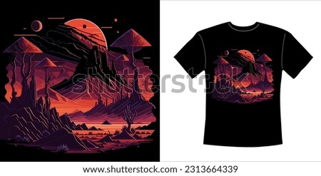 Sunset at the Wild West Desert landscape with rocks, cactuses and sand dunes. Futuristic vector illustration for t-shirt, apparel, phone case design, poster, banner. Dark background