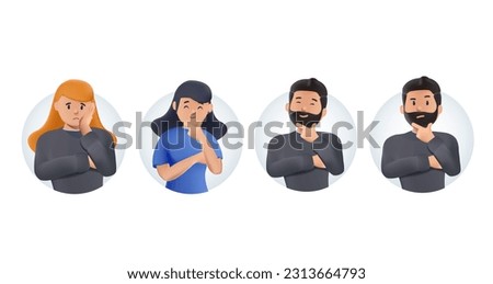 Set of different thoughtful people 3D vector illustration. Collection of various man and woman thinking or making decision isolated on white. Colorful pensive person, touching head or chin. 3D vector Royalty-Free Stock Photo #2313664793