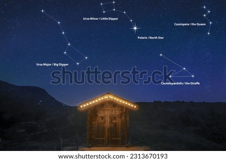 A real night scene on a mountain hut with starry sky showing constellation of great bear and little bear and the North Star - Month May in North sphere (polaris finder guide) Royalty-Free Stock Photo #2313670193