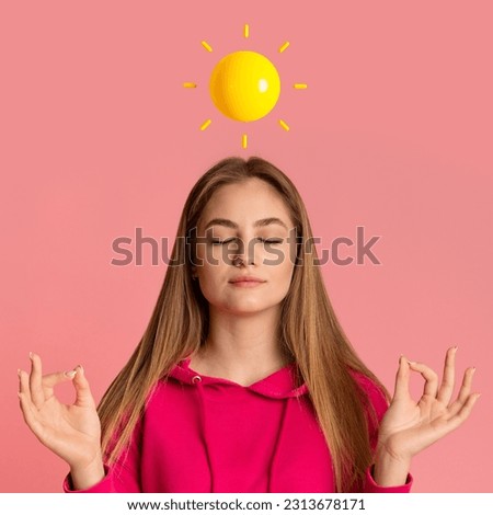 Keep Calm. Young Woman With Sun Emoji Above Head Meditating On Pink Background, Relaxed Millennial Female Standing With Closed Eyes, Practicing Yoga, Coping With Stress, Creative Collage