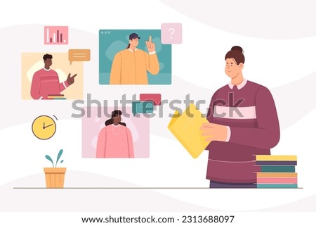 Online meeting for training in virtual class, digital education vector illustration. Cartoon student learning anywhere with video call or stream, conference or webinar with teachers inside windows