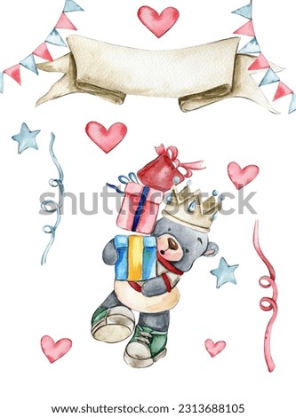 Party celebration composition. Bear and rabbit in a birthday cap. Watercolor hand drawn design for baby shower party, birthday, cake, holiday design, greetings card, invitation.