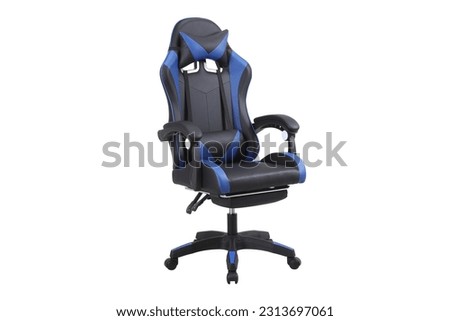 gaming Chair blue color on white background, Workplace Professional gamers cafe room with powerful personal computer game chair blue color. Adjustable blue computer gaming chair