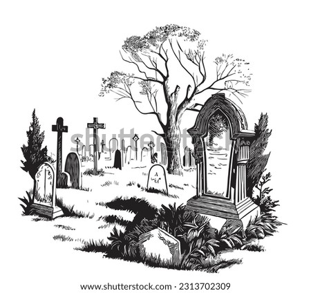Old retro cemetery hand drawn sketch illustration Royalty-Free Stock Photo #2313702309