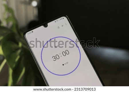 A phone with a white 30-minute timer on a blurry background Royalty-Free Stock Photo #2313709013