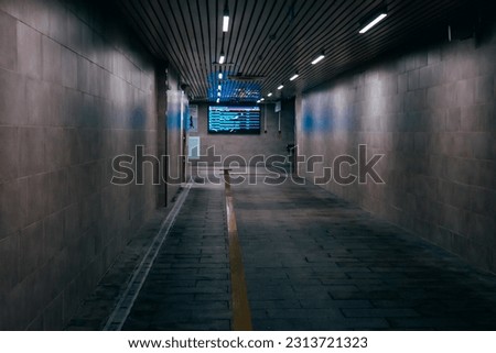 Empty underground passage under the highway. Gray illuminated underground passage without people. Underground tunnel lit by lamps. Royalty-Free Stock Photo #2313721323
