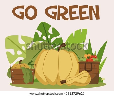 Go green vegetarian and eco friendly banner or poster for social network template flat vector illustration. Eco-friendly lifestyle and healthy vegetarian food theme.