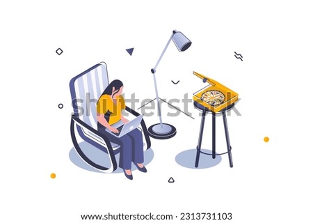 Home interior concept in 3d isometric design. Woman sits in chair near floor lamp and table. Furnishing and decoration in living room. Vector illustration with isometric people scene for web graphic