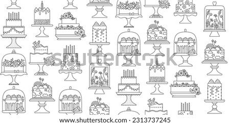 Birthday and wedding cakes celebration desserts doodle seamless pattern. Party delicious cupcake sweet bakery boundless background. Holiday decoration cake ornament pastries linear texture vector