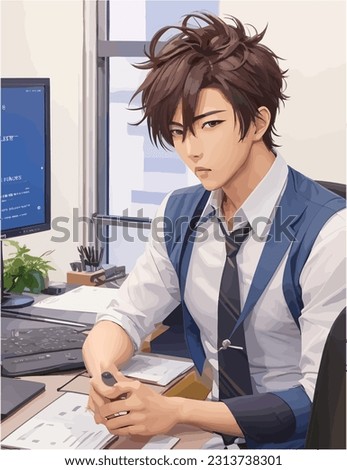 Anime man portrait working in the office, computer, desk, handsome, cool, relaex, vector art Royalty-Free Stock Photo #2313738301