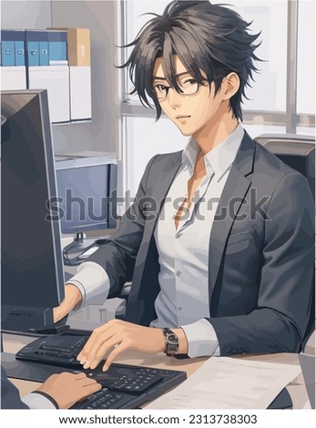 Anime boy working in the office,  cool and  handsome portrait, ikemen Royalty-Free Stock Photo #2313738303