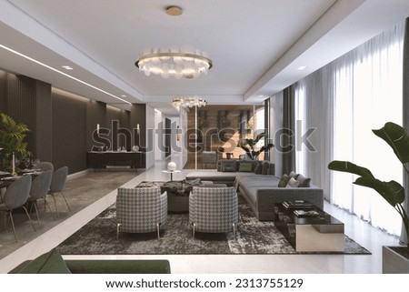 3d interior penthouse bed and saloon Royalty-Free Stock Photo #2313755129