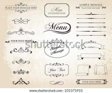 This image is a vector set that contains calligraphic elements, borders, page dividers, page decoration and ornaments./Vector Vintage Ornament Divide Border/Vector Vintage Ornament Divide Border