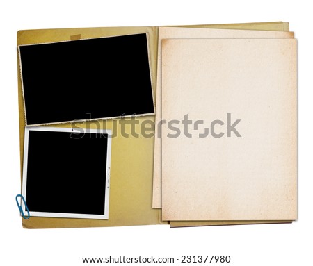 Open vintage folder with two old photographs, isolated, clipping path. Royalty-Free Stock Photo #231377980