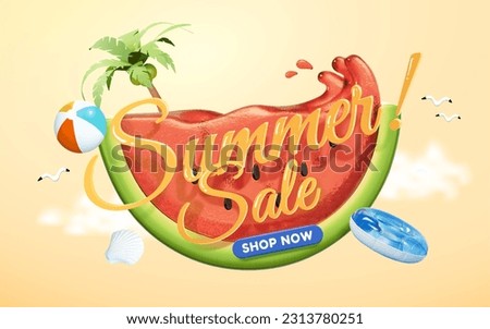 Refreshing summer sale promotion poster. Calligraphic letters floating in front of juicy sliced watermelon and beach objects on light orange background. Royalty-Free Stock Photo #2313780251