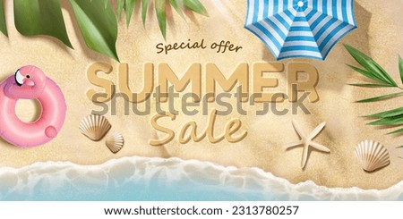 Summer sale promotion banner. Top view of sunny beach side with ocean wave, flamingo inflatable ring, seashells, parasol and tropical leaves on sand. Royalty-Free Stock Photo #2313780257