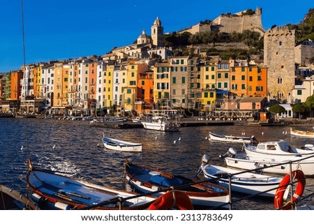 Fortified city of Portovenere on extreme southern peninsula of La Spezia Bay, Italy Royalty-Free Stock Photo #2313783649
