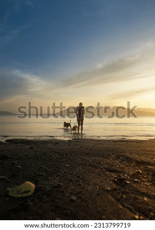 Silhouette of a woman with the dogs at the beach with beautiful sunrise as background.