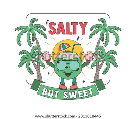 Salty but Sweet, summer Vacation vector design with Coconut Cartoon Character and cauple of Palm tree. Beautiful summer background design collection Can be print on Sticker, Mug, T-Shirt and so on