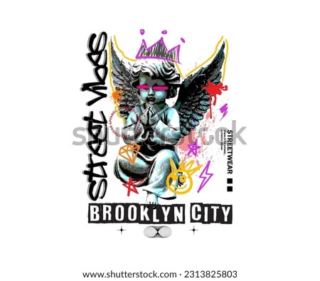 brooklyn street vibes slogan print design with baby angel statue illustration in graffiti street art style, for streetwear and urban style t-shirts design, hoodies, etc. Royalty-Free Stock Photo #2313825803