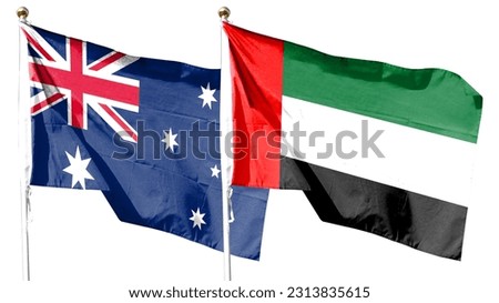 Australian flag and UAE flag on cloudy sky. waving in the sky