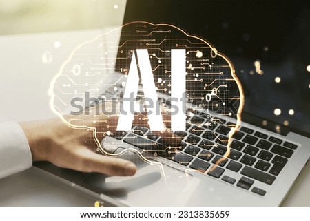 Double exposure of creative human brain microcircuit with hand typing on computer keyboard on background. Future technology and AI concept