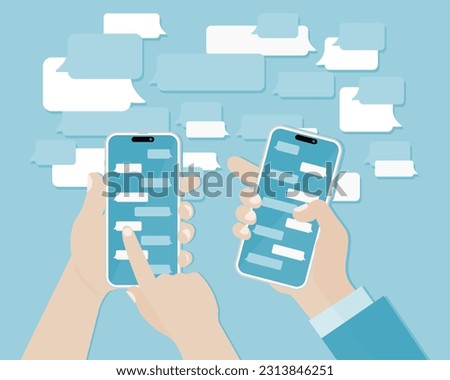 Smart Phone Messenger concept. Instant messaging chat on mobile screens in human hands, cell chat messages dialogue with text chatting boxes. Vector illustration