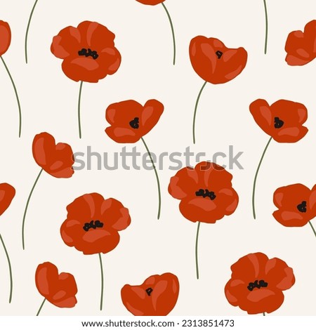 Hand drawn seamless vector pattern with poppy flowers. Pretty summer background with poppies for prints, textile. Wildflowers endless pattern in trendy style. Meadow floral illustration Royalty-Free Stock Photo #2313851473