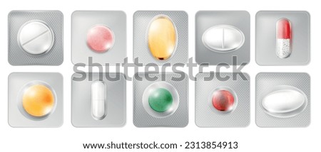 Set of isolated realistic images with top view of single pills and capsules in silver blisters vector illustration Royalty-Free Stock Photo #2313854913