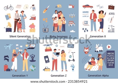 Generations set of six square compositions with isolated icons and doodle human characters representing certain generation vector illustration Royalty-Free Stock Photo #2313854921