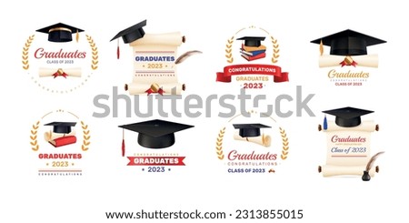 Graduation realistic set of eight isolated emblems and labels with ornate text diploma and hat images vector illustration Royalty-Free Stock Photo #2313855015