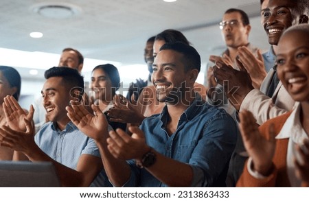 Applause, support and wow with a business team clapping as an audience at a conference or seminar. Meeting, motivation and award with a group of colleagues or employees cheering on an achievement Royalty-Free Stock Photo #2313863433