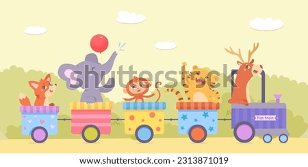 Cute animals travel on fun train vector illustration. Cartoon little animals passengers ride toy locomotive and colorful carriages in green summer landscape, playful elephant holding balloon