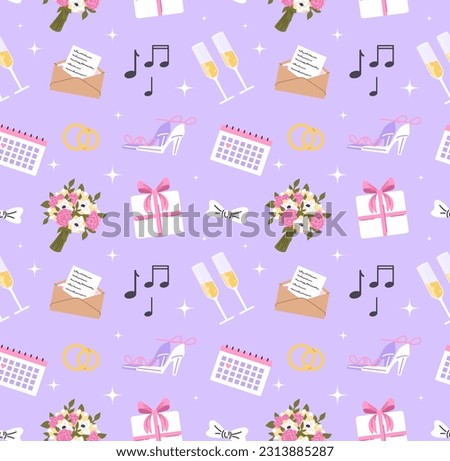 Wedding seamless pattern. Repeating design element for printing on fabric. Alcoholic drinks, envelopes and shoes. Bouquet and gift. Romance and love, marriage. Cartoon flat vector illustration