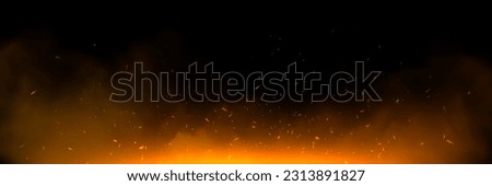 Fire spark overlay with smoke and flame background. Grill heat glow in cloud isolated transparent vector. Realistic flying orange sparkle abstract illustration. Hell bonfire fiery with hot cinder Royalty-Free Stock Photo #2313891827