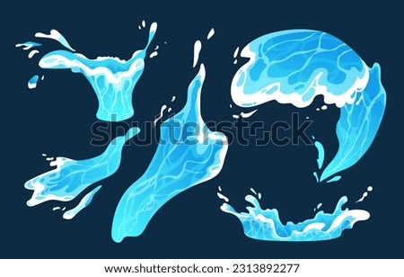 Liquid water splashes set concept. Aqua and water. Design elements for creating animations. Waves and flow. Sea and ocean. Cartoon flat vector collection isolated on blue background
