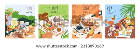 Picnic cards set. Food, snacks, drinks on blanket in nature on summer holiday, weekend. Outdoor eating, lunch and dinner with fruits on grass, beach, by sea. Vacation mood. Flat vector illustrations