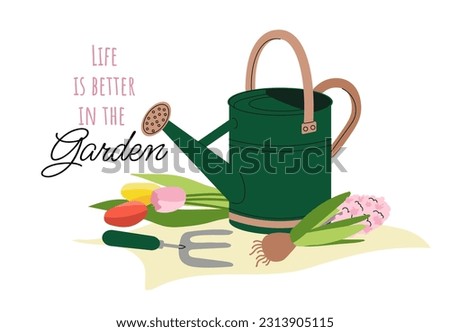 Flowers with watering can concept. Plants and flowers near growing tools. Agriculture and gardening. Botany and floristry. Tulips and bow with rake. Cartoon flat vector illustration