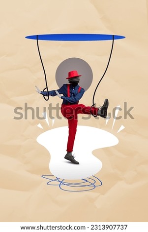 Vertical composite collage of headless gentleman performer dancing hanging trap manipulation addicted audience isolated on beige background