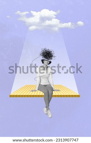 Sketch artwork collage poster picture advert of weird faceless girl sitting board heaven mental disabilities healthcare medicine Royalty-Free Stock Photo #2313907747