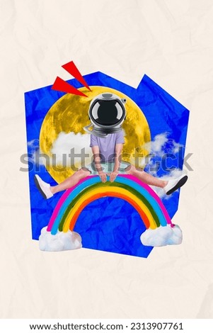 Poster banner collage of weird bizarre person dream about travel outer space wear spacesuit helmet jump over rainbow