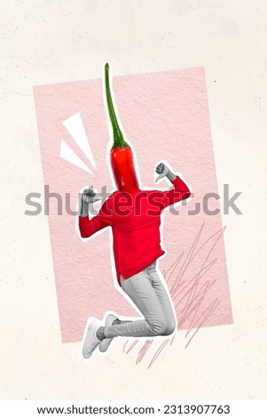 Poster collage banner of freak person with red hot chili pepper face pointing me recommend cooking eating best quality