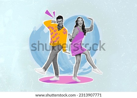 Painting picture template collage of funny people lady guy buddies have fun dancing dynamic hip hop