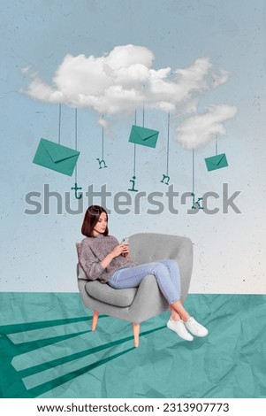Creative surreal image picture collage of lady using smart cell gadget blogging receive send emails from letters envelope