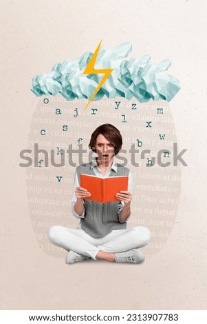 Creative surreal template collage of lady learner study reading textbook unexpected new information materials