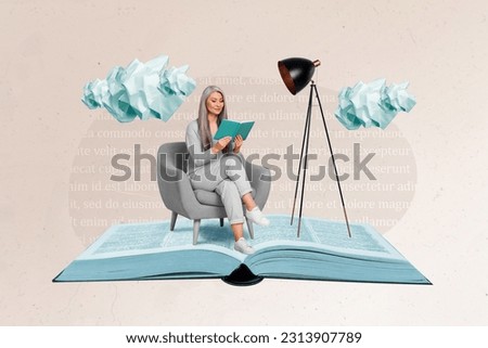 Collage poster banner of retired pensioner lady sit chair paper book page reading in comfort